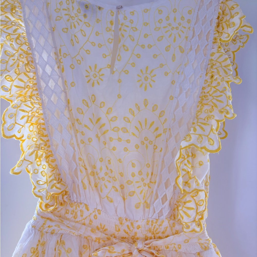 NJ Couture Yellow and White Eyelet Lace Tiered Sundress Ruffles Sunny Size L - Picture 10 of 17